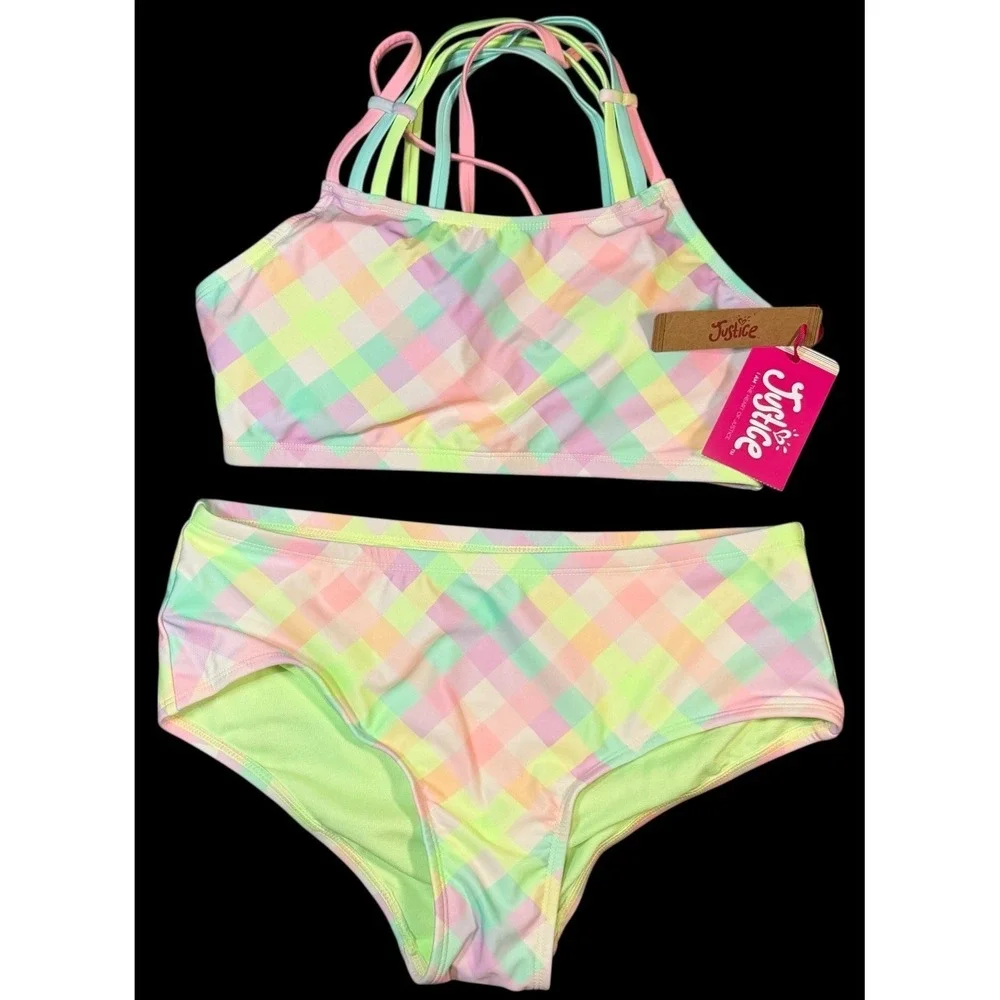 Justice Teen Young Girls 2 piece Pastel Plaid Bikini Bathing Swimsuit Size 16/18
